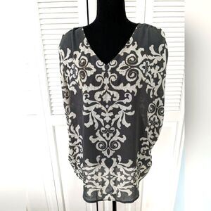 Lane Bryant Top Women 14/16 Semi-sheer Grey White Damask Print Beads Sleeveless